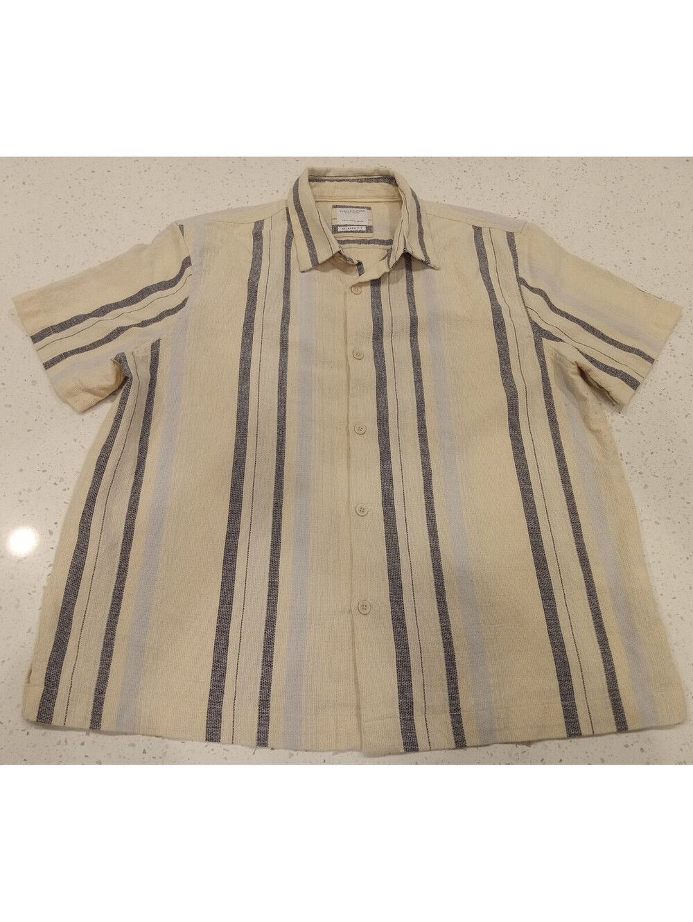 Denim & Flower Ricky Singh Shirt Mens XL Cream Blue Stripe Textured Relaxed Fit